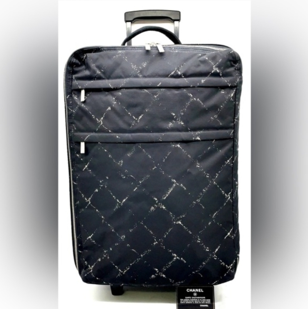 Chanel Black Travel Line quilted nylon rolling Carry On Suitcase